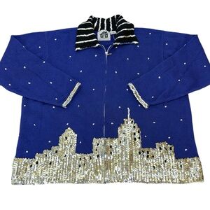 Vtg Storybook Knits Sequin Skyline Zipper Cardigan Sweater 3X Art To Wear Unique